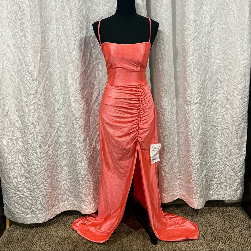 Coral Orange Pink Formal Dress Sparkly Slit Adjustable Corset Prom Evening Gown